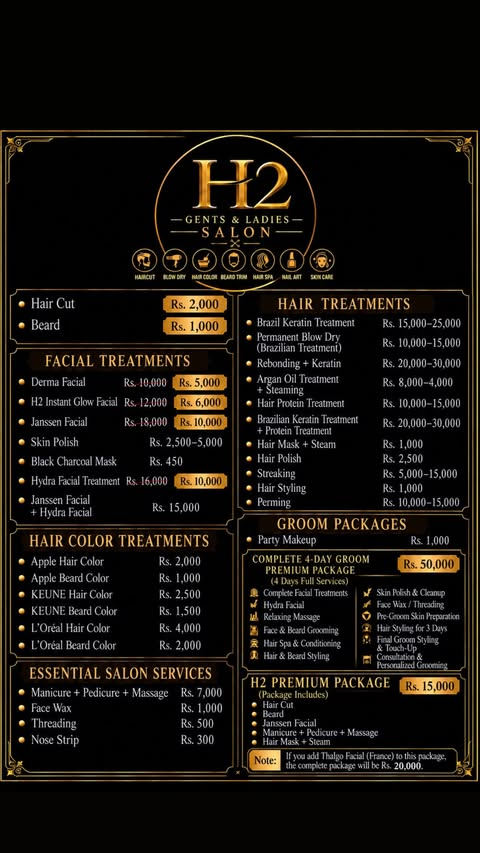 Original H2 Salon gold-and-black service price list